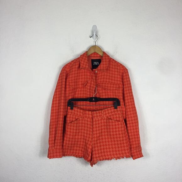 Zara Orange Houndstooth Matching Set Crop Jacket Shorts Small Tweed Co-ord - Picture 3 of 13